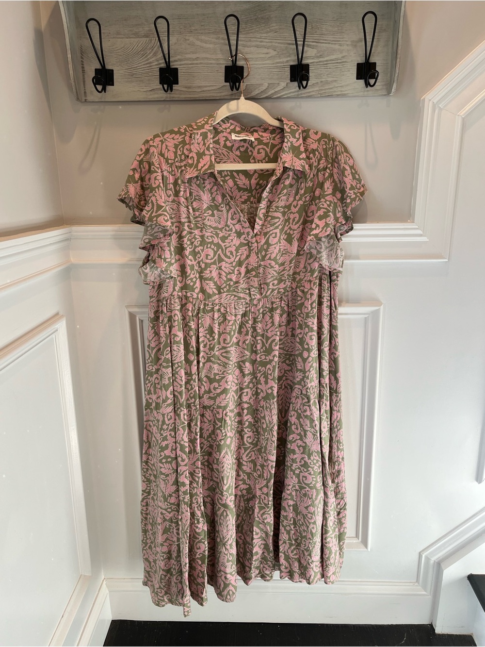 Women's Pink & Green Floral Ruffle Sleeve Dress